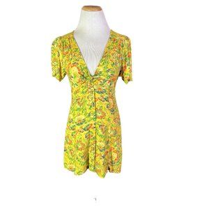 Urban Outfitters Size S Floral Yellow Minidress Retro Twist Front Smocked Back
